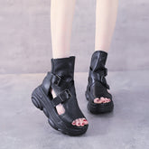 Tacones de primera capa con alzas romanas y hebilla de cinturón para mujer